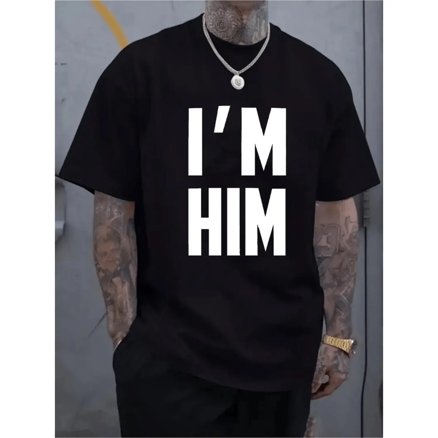 Men's Casual "I'm Him" Graphic T-Shirt - White with Black Print, Short Sleeve, Round Neck