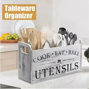 Wooden Cooking Utensils Storage Rack, 1 Count Kitchen Utensils Holder Countertop Storage with 3 Compartments, Kitchen Utensils Storage Box, Cutlery Organizer Tray