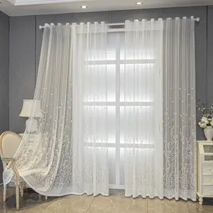 Modern Korean Style Drapes, Grommet Curtains, Half-Transparent Knitted Branch Leaf Print, Ring-Hole Design, Perfect for Balcony Door & Living Room Decor