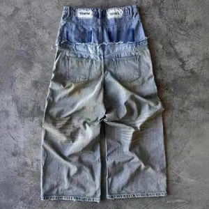 European and American sports retro street hip hop edging splicing double waist rivets loose wide legs straight jeans