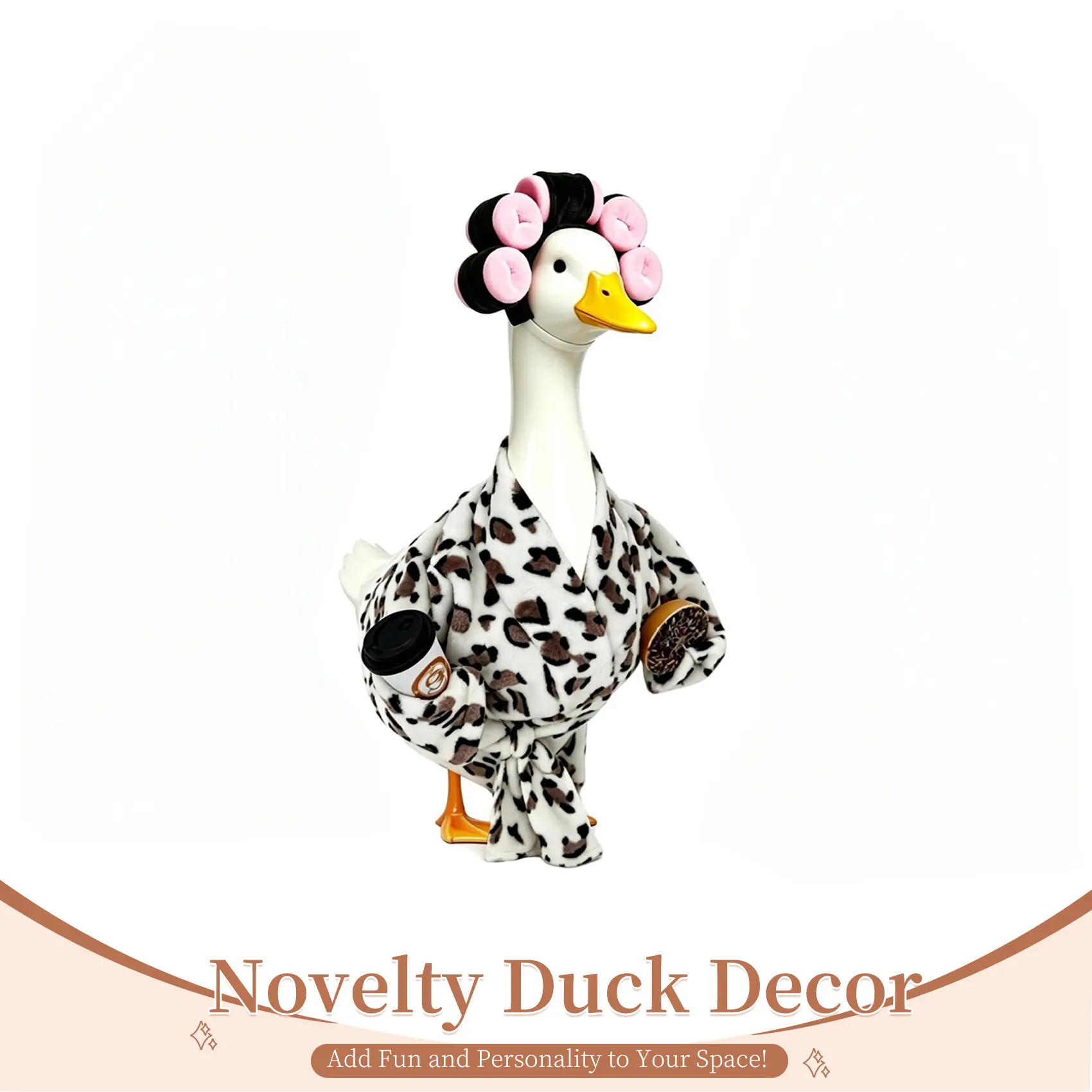 23-Inch Concrete Goose Outfit - Funny Home Decor Accessory with Leopard Print Robe, Curly Wig, Donut, Bubble Tea Cup for Outdoor Statue, Thanksgiving Porch & Yd Display