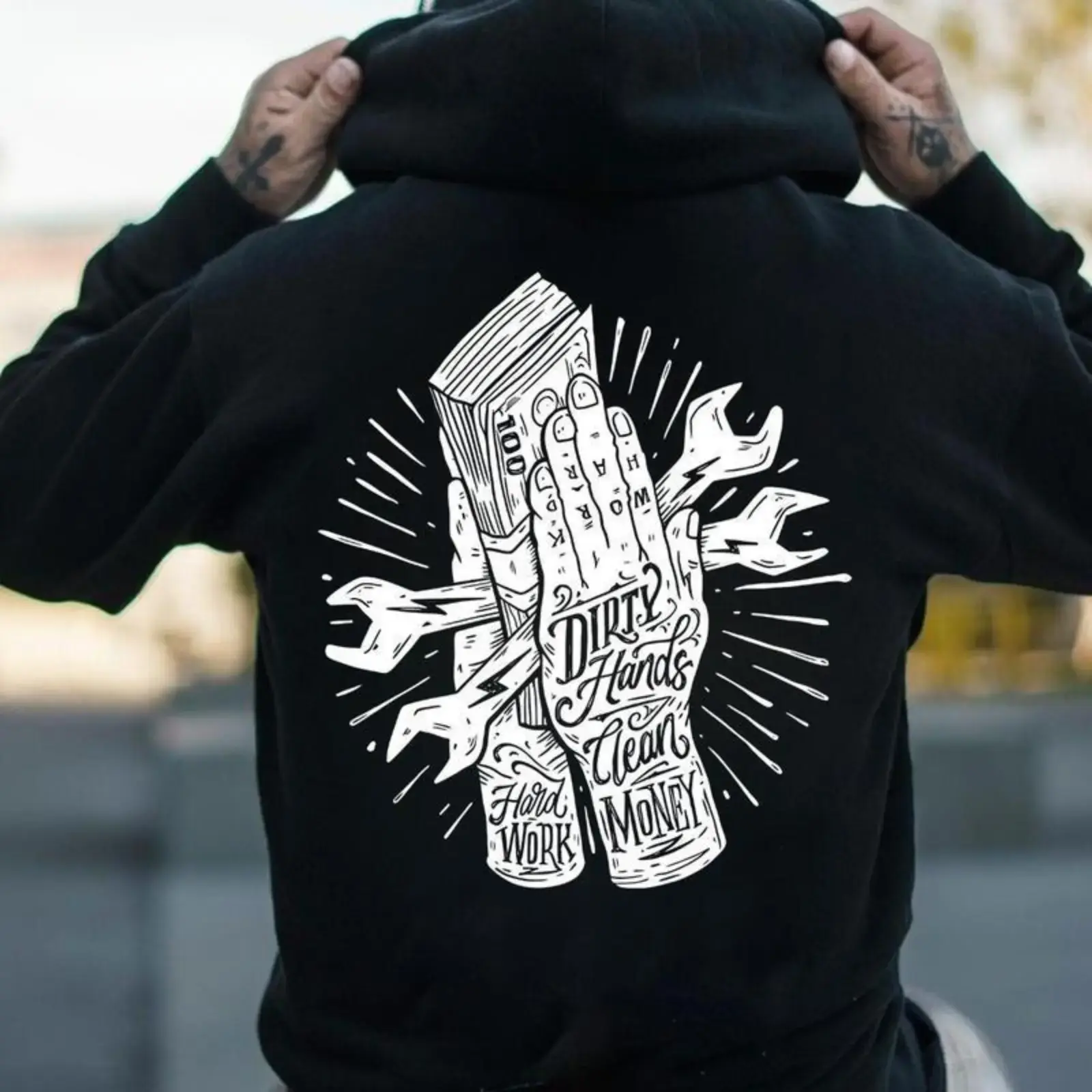 Troll Co Men's Work Hard Dirty Hands Clean Money Hoodie - Vintage Washed Tees, Graphic Print, Ring-Spun Fabric, Unisex Fit, Street Style, Classic Design