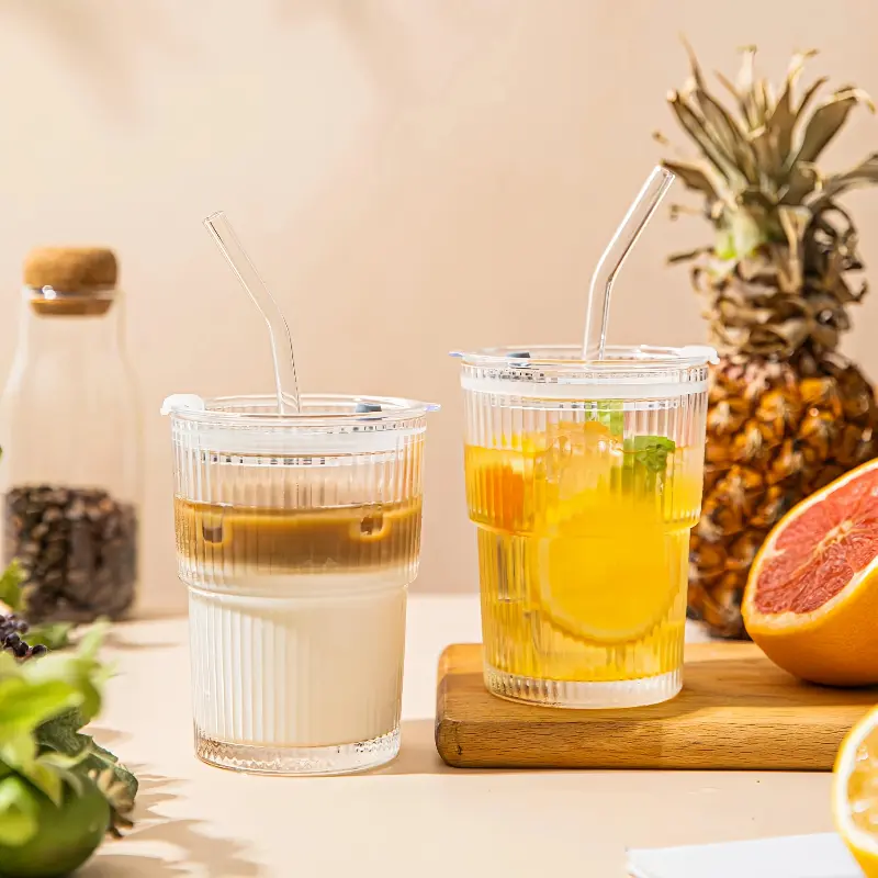 Thick Premium Tumbler Set (2pcs, 14oz) - Ribbed Drinking Glasses with Lids & Straws, Durable Reusable Kitchen Drinkware for Coffee, Iced Beverages