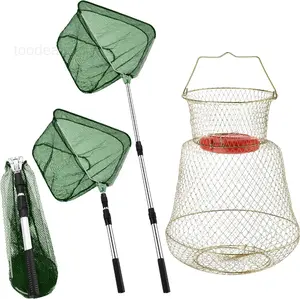 2-Piece Fishing Set: Galvanized Steel Fish Basket and Nylon Mesh Landing Net with Aluminum Handle, Multi