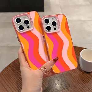 Wavy Striped Pink Orange, drop-proof and non-slip TPU IMD phone case with large-aperture lens, compatible with iPhone 17, 16, 15, 14, 13, 12, 11, XS, X series, etc. Makes a great gift for friends or family.