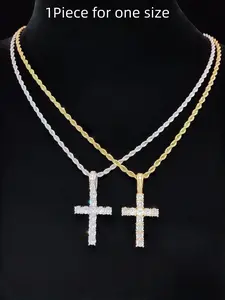 Fashion Artificial Zircon Cross Pendant Necklace, Stainless Steel Chain, Unisex Vintage Hip Hop Style, Perfect for Daily Wear or Party Gift, Cross Pendant Jewelry