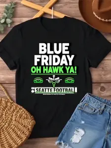 Women'S Short Sleeve T-Shirt - Black T-Shirt With Blue Friday Oh Hawk Ya! Seattle Football Printed Design, Casual Round Neck Stretchy Soft Fabric, Machine Washable, All-Season Fashion Top, Trendy Attire, Easter And Mother'S Day Gifts, Streetwear