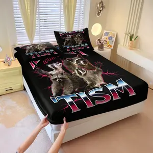 Vintage Metal Style Raccoon Printed Fitted Sheet Set, Includes 1 Fitted Sheet & 2 Pillowcases without Filler, Featuring gradient metal font and lightning elements, tough and stylish, plush and skin-friendly, comfortable and breathable.