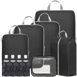 Compression Packing Cubes Set - Space-Saving Travel Organizers for Suitcases w/Shoe Bag & Clear TSA Pouch (S/M/L Sizes)