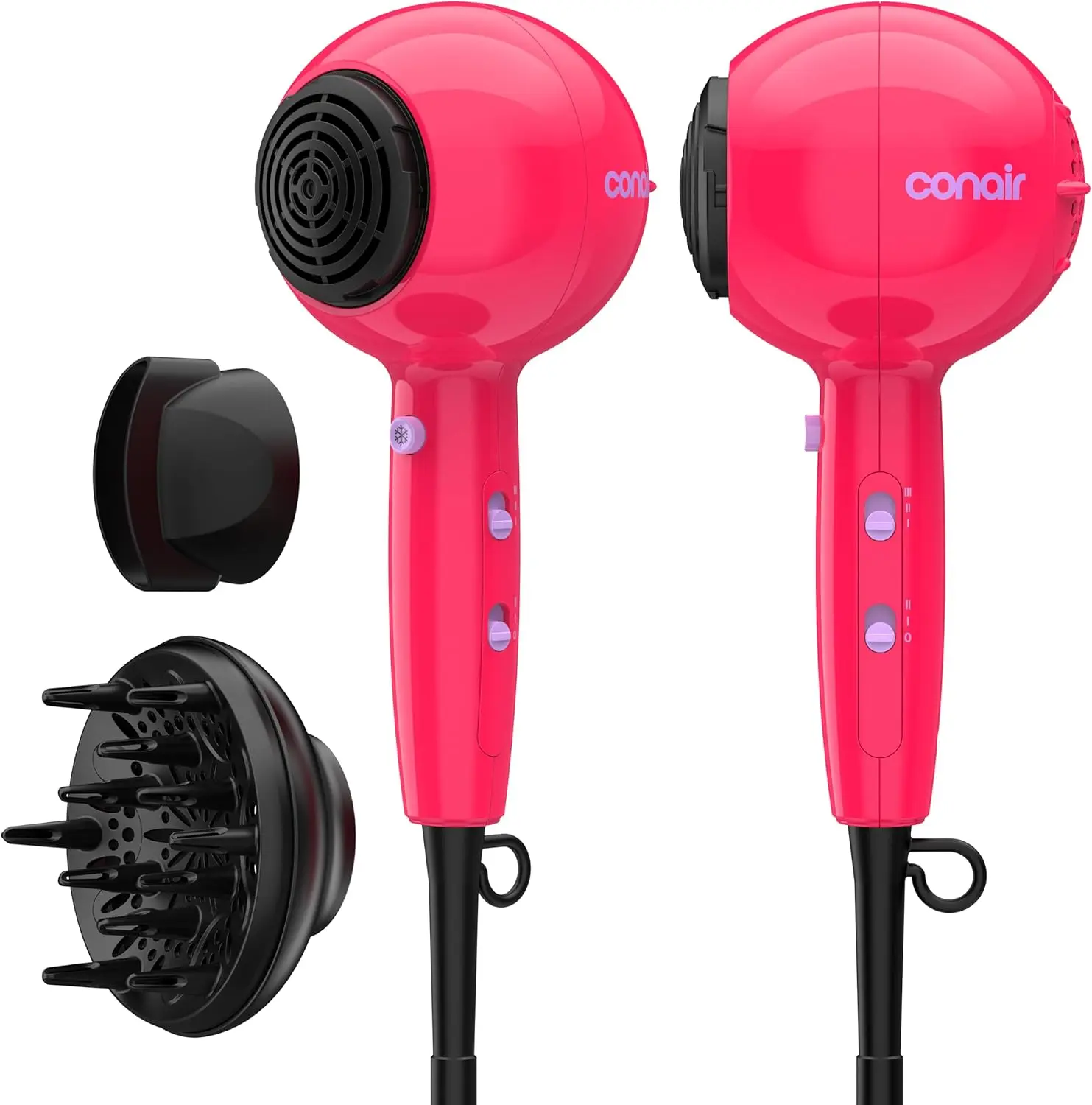 Conair Cake Pop Hair Dryer with Diffuser & Concentrator Attachments, Blow Dryer, Hair Dryers for Women, Tourmaline Ceramic Technology, 3 Heat/2 Speed Settings, Compact Hair Dryer w/Concentrator, Pink