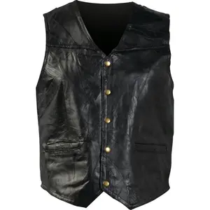 212 MAIN Men's Stone Leather Vest - Size S, Menswear Sleeveless Fashion Top, Durable Leather Construction, Snap Buttons, Lined, Watch Pockets, Plain Solid Design, All-Season Wear
