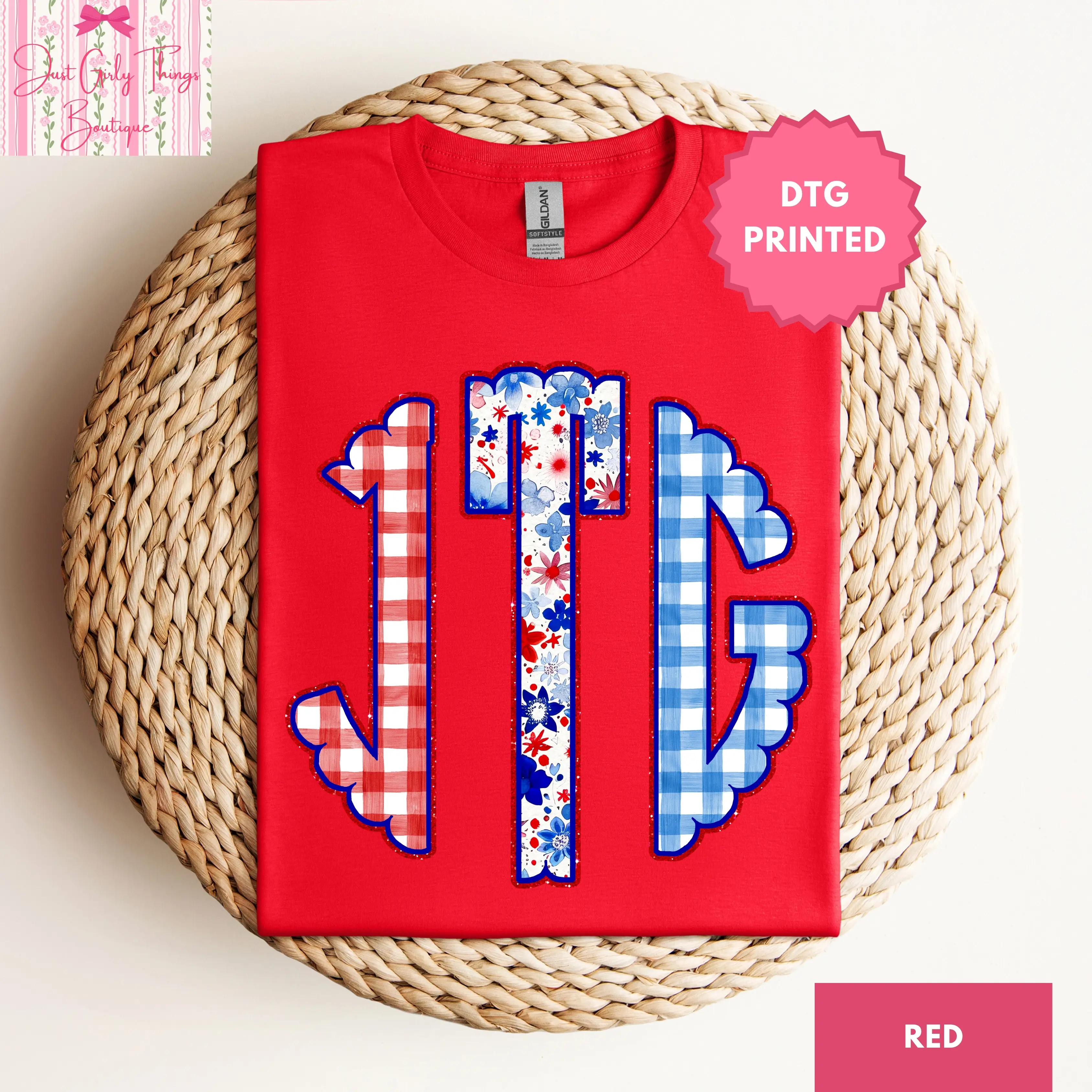 Custom Grandmillennial Floral Gingham Fourth of July Monogram Shirt - Gildan 64000 Softstyle Tee - (Leave First Name Initial, Last Name Initial, Middle Name Initial in Notes at Checkout), Custom Name Shirt, Personalized Name Shirt, Custom Monogram Shirt