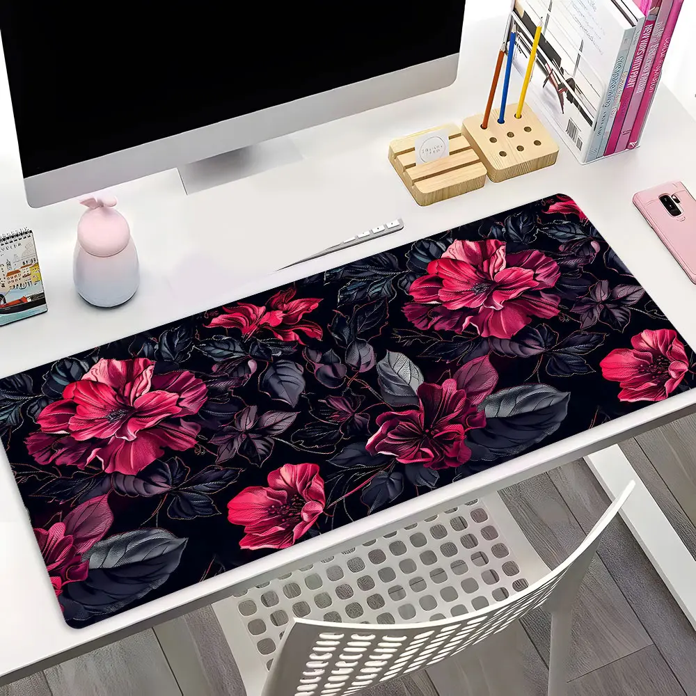 Dark Gothic Red Black Floral Large Gaming Mouse Pad, Desk Decor, Desktop Accessories, Washable Non-Slip Rubber Base Stitched Edge For Desk Laptop For Home Office Game Gift For Friends Family Gaming Enthusiasts