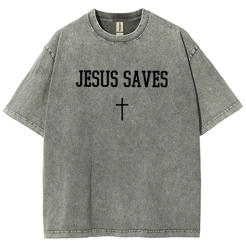 Classic Shortsleeve T-Shirt in Vintage Acid-Washed Breathable Cotton, Unisex 'Jesus Saves' Graphic Top with an Oversized Fit & Seamless Collar, Fabric, Menswear, Soft