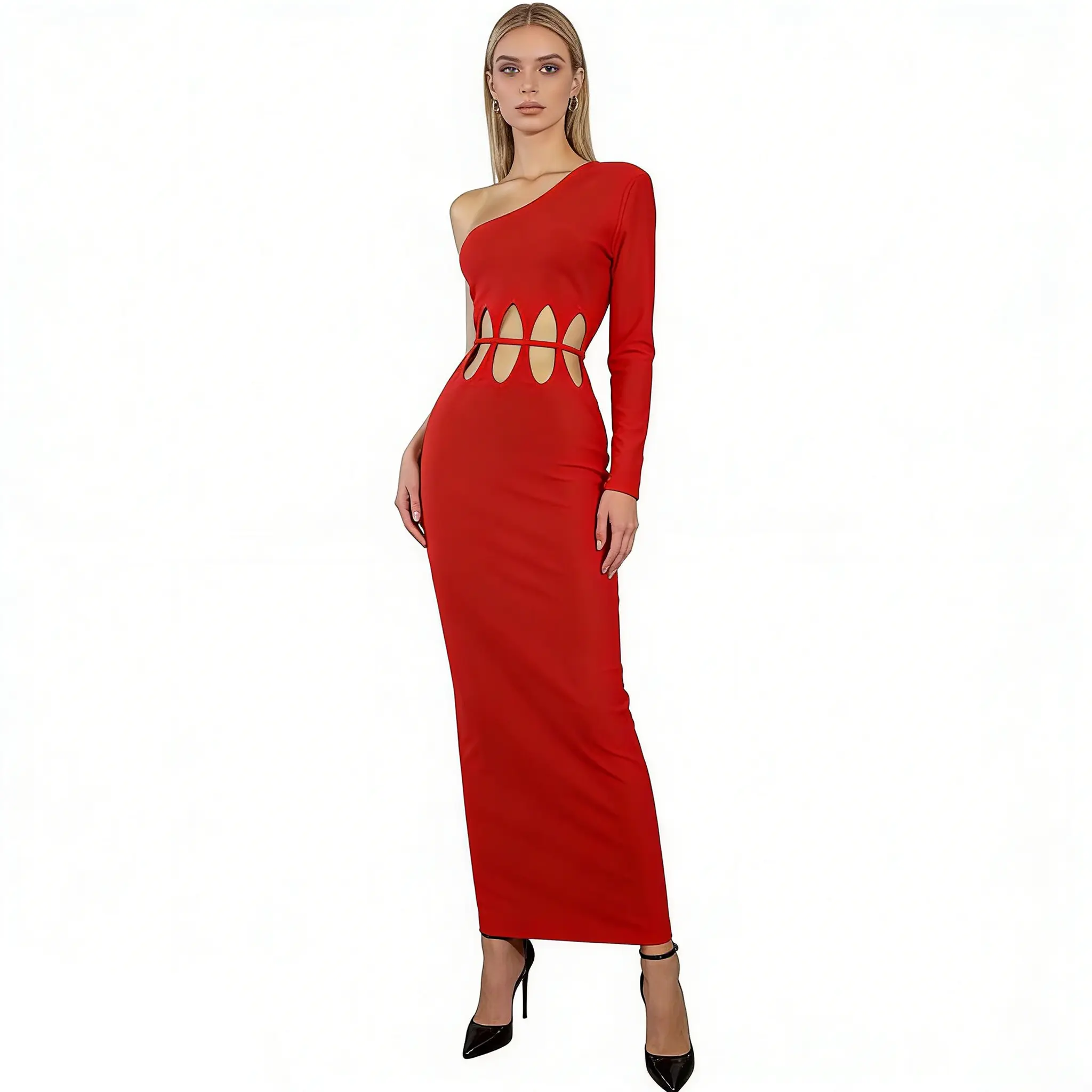 Luxury Red Bandage Dress with Petal Cutout Waist, One Shoulder Long Sleeve Midi Cocktail Dress