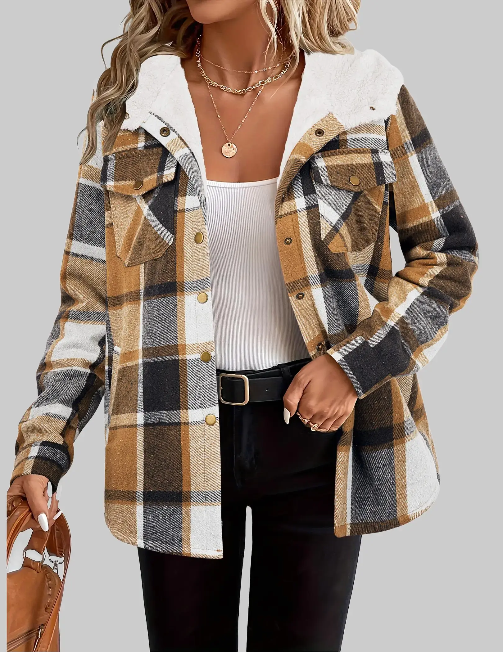 ZEAGOO Womens Plaid Shacket Jacket Long Sleeve Button Down Fleece Hooded Jackets Warm Coat christmas cropped trench coat hoodie jumper Christmas summerwins