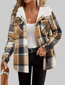 ZEAGOO Womens Plaid Shacket Jacket Long Sleeve Button Down Fleece Hooded Jackets Warm Coat christmas cropped trench coat hoodie jumper Christmas