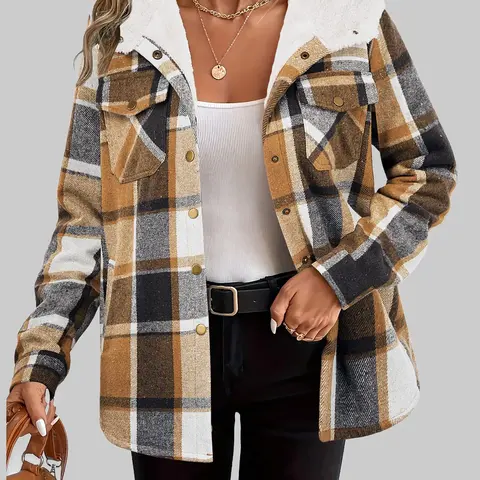 ZEAGOO Women's Plaid Flannel Fleece Shacket - Loose Boyfriend Fit Women's Clothes, Long Sleeve, Button Closure, Hooded, Cropped Garment, Warm Fabric, Stylish Everyday Top