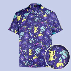 Gengar Mimikyu Ghost Type Hawaiian Shirt with Pokemon Motif - Chrismast Gift for fan, him, husband - Menswear, Fabric, Loose, Wood Button Breathable