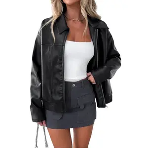 Women's Solid Drop Shoulder Zipper PU Faux Leather Jacket, Fitted Basic Casual Long Sleeve Collared Outerwear for Fall & Winter, Ladies Clothes Winter Jacket for Daily Wear, Going Out Tops, Womenswear, Zip Up Jacket, Casual Fashion Black Jacket