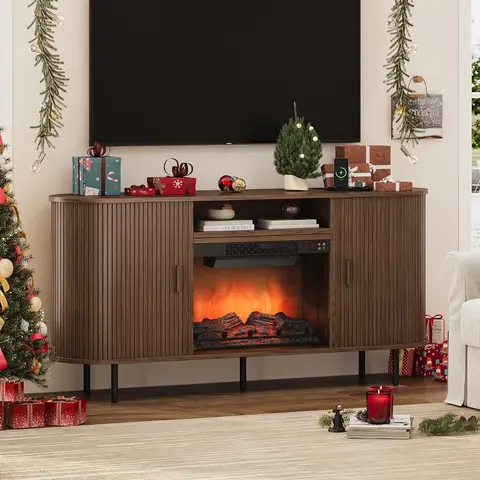 【Include 23" Electric Fireplace】ONBRILL 63"/70" Gorgeous Fluted Fireplace TV Stand for TVs up to 70", Modern Entertainment Center with Power Outlet , TV Media Console with Storage for Living Room, Bedroom Furniture,Christmas Gift【Black Friday】