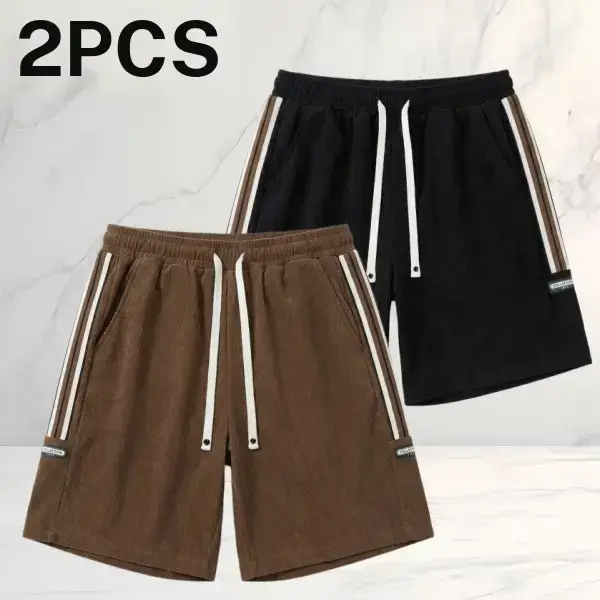 2 pack men’s casual athletic shorts: retro corduroy texture, loose straight fit, mid thigh length, side contrast stripe tape design—versatile men’s shorts for running, fitness, and home wear.