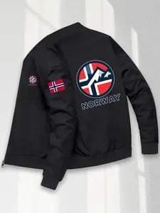 Men's Norway Flag Map Print Vintage Jacket, Viking Style North European Letters, Zipper Full Closure, Casual Outerwear, Functional Pockets