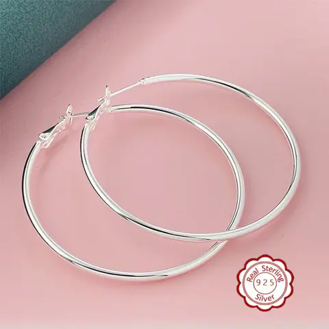 Women's 925 Silver 50mm Large Circular Hoop Ring Earrings - 2mm Thick Flat, Clean Lines, Secure All-Day Hold, Hypoallergenic Needles, Metal Alloy Accents, Daily Elegance, Accessories for Women, Valentine's Day Gift