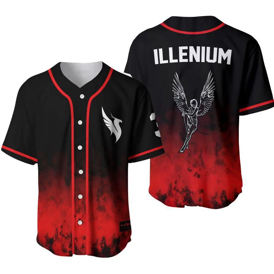 Full Print Vintage Illenium Baseball Jersey Shirt, Casual Medium Black Red Tour Festival Rave EDM Baseball Jersey, Unisex Baseball Jersey Shirt