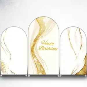 15-day 2D Flat Delivery White Gold Glitter Wave Happy Birthday Arch Backdrop Cover for Elegant Birthday