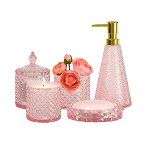 Pink Glass Bathroom Accessories Set,5Pcs Vintage Bathroom Accessory Set, Bathroom Counter Sink Toothbrush Holder Set Includes Hand/Lotion Soap Dispenser & 2 Tumbler & Soap Dish & Qtip Holders