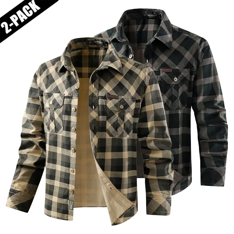 Men’s 2-pack classic plaid long-sleeve workwear shirts made of pure cotton, featuring dual chest pockets; outdoor casual tops that pair well with cargo pants; classic plaid long-sleeve shirts