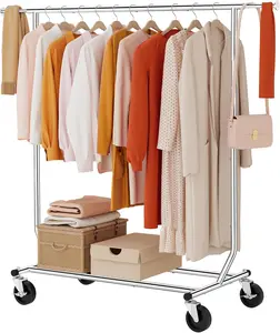 Heavy Duty Foldable Clothes Rack, Collapsible Garment Rack with Wheels and Extendable Rod, Max Capacity 250lbs, Industrial Rolling Clothing Rack with Bottom Shelf, Chrome