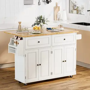52" Kitchen Island Cart with Drop Leaf, 2 Drawers & Cabinets, Rolling Kitchen Cart with Towel Rack, White 52" Kitchen Island Cart with Drop Leaf, 2 Drawers & Cabinets, Rolling Kitchen Cart with Towel Rack, White