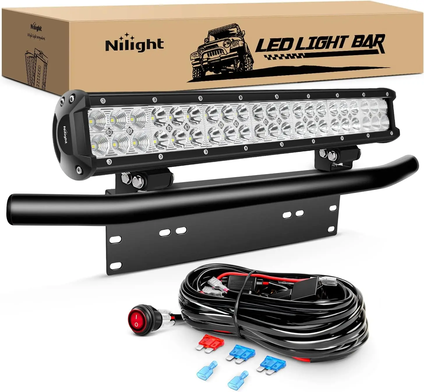 Nilight 20in 126W Aluminum Alloy LED Work Light - Spot-Flood Combo, Front-Mount License Plate Bracket, Wiring Harness, LED Lights Car Aftermarket Off-Road Truck SUV Accessories