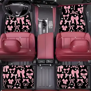 4Pcs Pink Bow Heart Car Floor Mats, Cute Style- Durable Polyester All-Weather Car Floor Mats, Suitable for Cars, SUVs, Trucks-Stylish Design, Car Non-Slip Mats, Interior Accessories, Comfortable Driving.11.30QWA-49