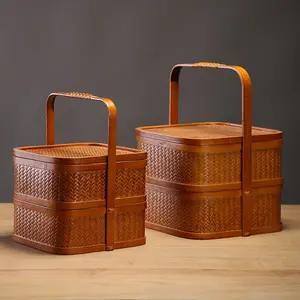 Handmade bamboo double-layer food basket with handle, delivery basket, snack basket, mooncake gift box with lid, tea set storage basket, made of bamboo