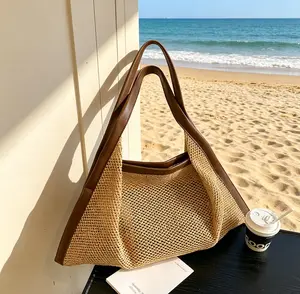 2026 Summer Simple Color-Block Large-Capacity Woven Shoulder Bag, Casual Beach Vacation Tote Bag for Sports & Outdoor Use