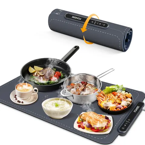 Fohere Durable Silicone-Metal Collapsible Kitchen Warm Mat - 24.6x15in Electric Full-Surface Heating Kitchenware, Tableware, 3-Mode Temp Control, Secure, Thaw/Ferment, Rollable, Egg Beater Compatible, Adjustable for Metal/Glass, Daily Dining Use