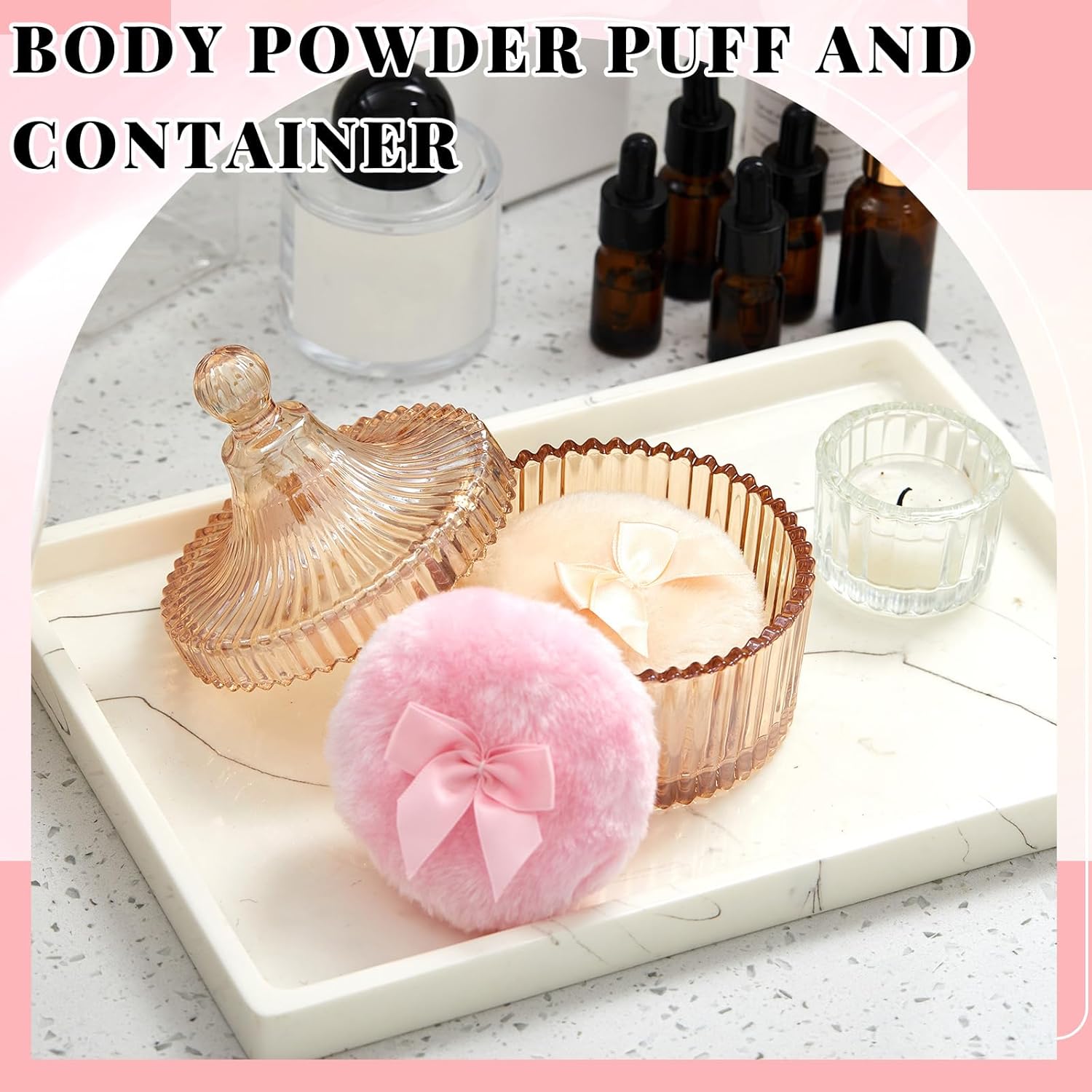 Ultra Soft Powder Puff and Container 3.54" High Density Velvet Dusting Washable Reusable Powder Puff,Body Powder Puff and Glass Jar Holder Loose Powder Elegant Glass Jar for Jewelry, Candy Storage, Perfect Gift for Ladies