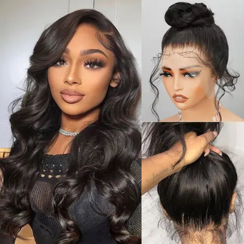 HUICHU Body Wave 360 Full Lace Front Wig Human Hair, HD Transparent Lace, 220% Density Pre Plucked Baby Hair Natural Black Wig for Women, 20-32 Inches