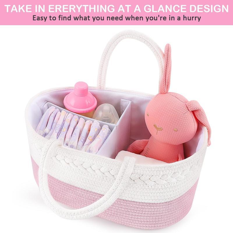 Diaper Caddy, Nursery Storage Bin and Car Organizer for Diapers and Wipes, Cotton Rope Basket Changing Table Caddy, Portable Baby Diaper Tote for Home Travel