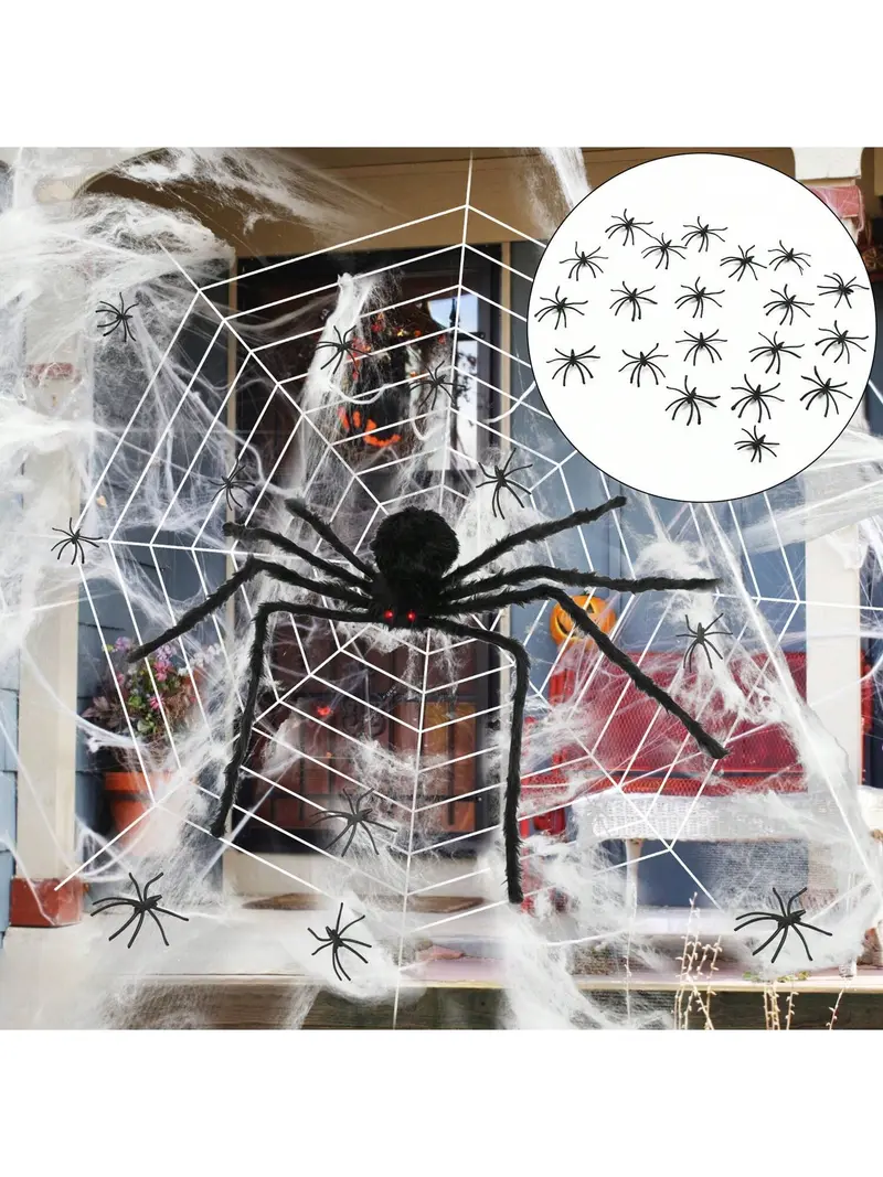 50" Giant Voice Control Toy - Realistic Hairy - Halloween Set With 12ft Web,Halloween Spiders Decorations 20 Pc Scary Fake For Halloween Decorations - Indoor And Outdoor