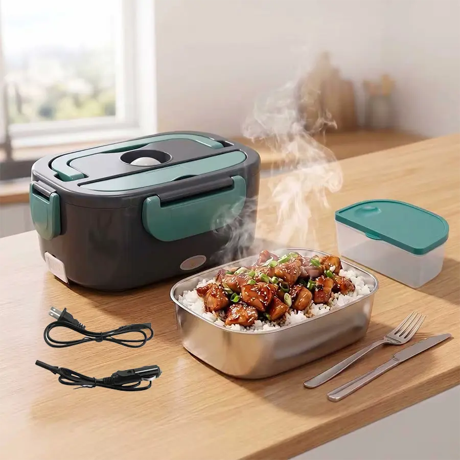 1.5L (50.72oz) 3-in-1 Electric Stainless Steel Lunch Box Food Warmer, Portable Heated Bento Box for Car, Work (12V/24V/110V) – Camp Kitchen Outdoor Tableware for Camping & Hiking