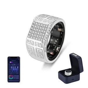 Venlan Smart Ring for Men & Women, Meander Pattern Square Pavé-Set Face, Vital Health Ring with Sleep Tracker, Fitness Tracking, Heart Rate & HRV Monitor, Waterproof Smart Health Ring
