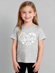 Valentine's Day T-Shirt, Heart Print Short Sleeve Top, Casual Fitted Design, Suitable for Girls Under 8 Years