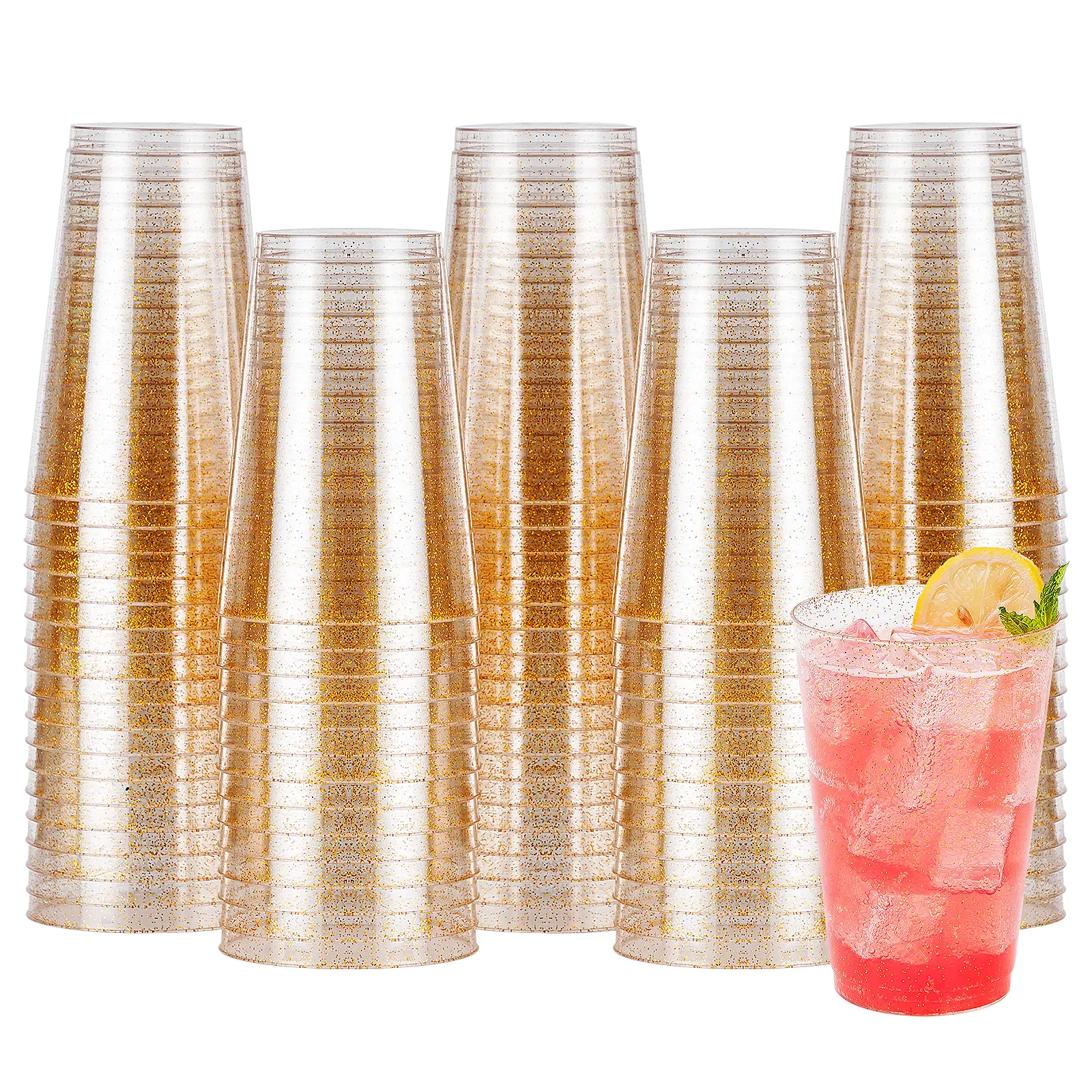 Mokaya Pre-Packed Disposable Cups - 100PCS 14oz Glitter Gold Plastic Cups, Crystal Cocktail Tableware for Happy Birthday, Parties