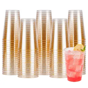 GOODLUCK 100PCS 14oz Glitter Plastic Cups for Party Disposable Gold Plastic Cups Crystal Clear Cocktail Glasses Perfect for Wedding Birthday Events and Parties