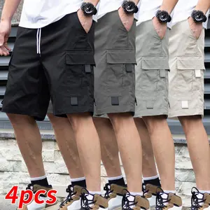 4-pack solid-color men’s drawstring shorts with flap pockets, loose and stylish design, adjustable waistband; outdoor work shorts suitable for fitness, hiking, and construction—summer value set,summervibes