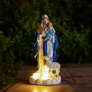 Solar Jesus Nativity Statue Light – Outdoor Resin Holy Family Figure with Child & Sheep, Waterproof Garden Yard Decor